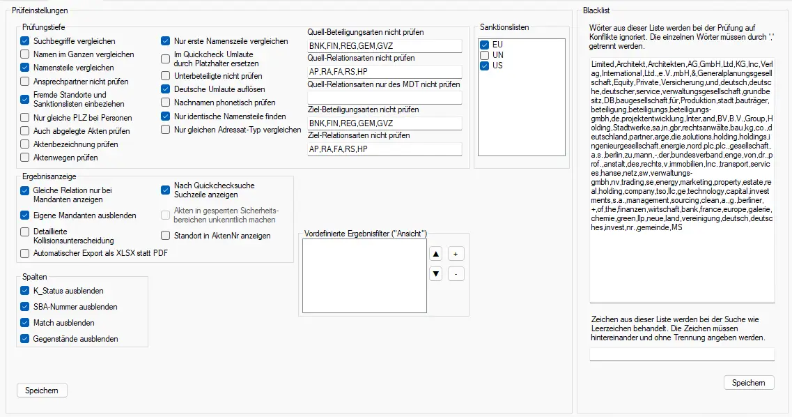 ADVOSERVICE AdvoConflictCheck Einstellungen