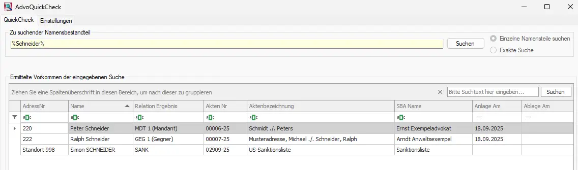 ADVOSERVICE AdvoConflictCheck Quickcheck Beispiel